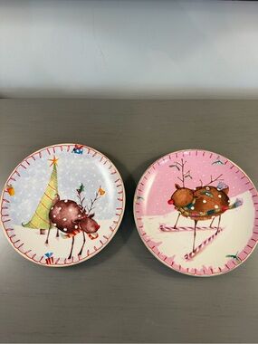 Oneida Reindeer Holiday Plates Set Of 2 Salad Dessert Appetizer Christmas Winter